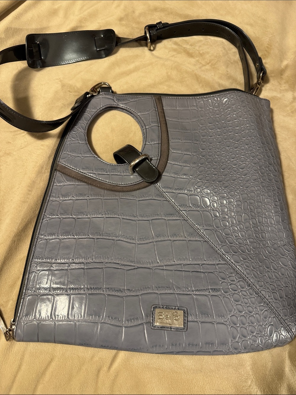 Beijo Croc-Embossed Gray Shoulder Bag with Circular Top Handle